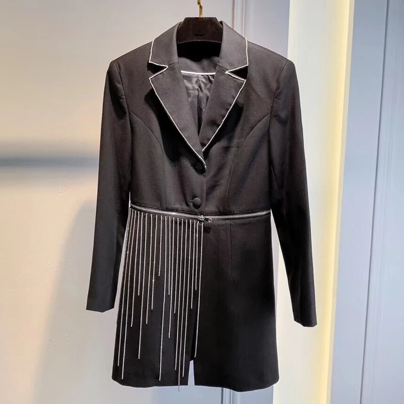 Women Black Jacket Autumn Office Detachable Zipper Slim Jacket Coat Women Tassel Jacket