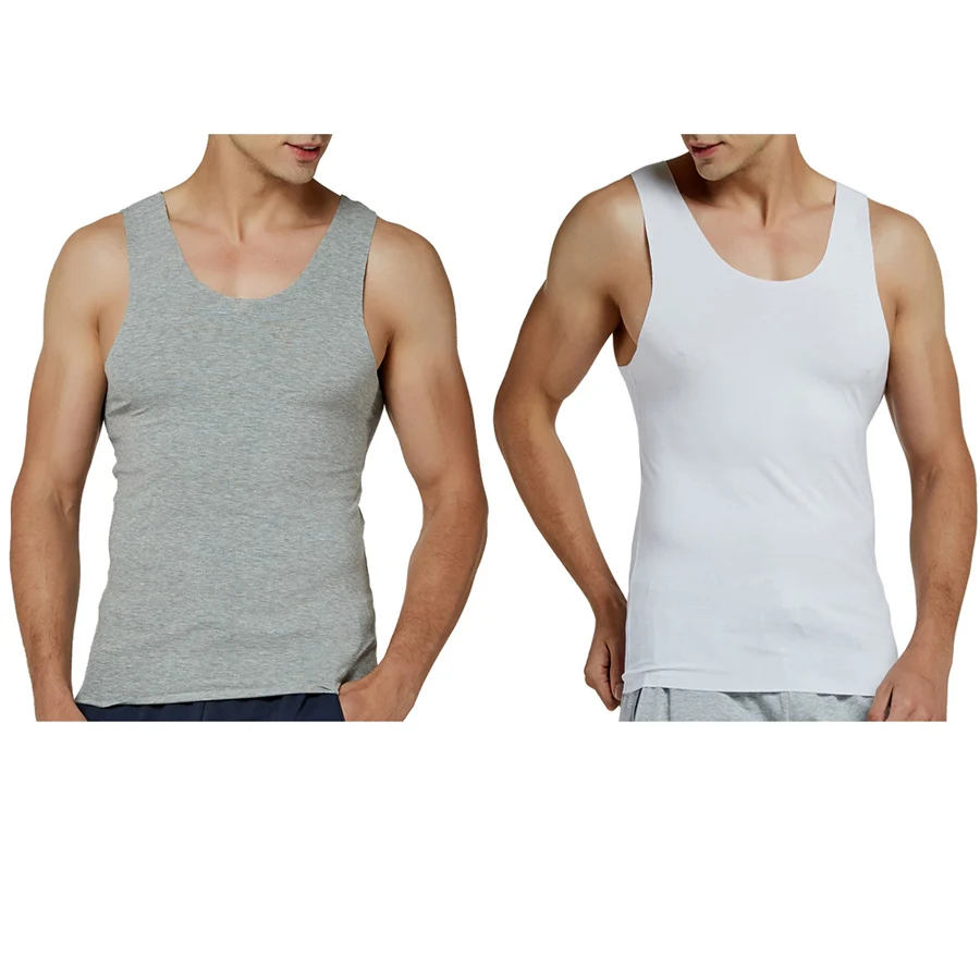 1 PCS GREY and WHITE 2 шт./партия Топы с бретельками и Для мужчин из модифицированного вискозного волокна, растягивающиеся, Безразмерные Однотонный жилет Мужская дышащая бесшовный топ тонкий Повседневное нательное нижнее белье черного цвета(2 штуки в упаковке - Цвет: 1 PCS GREY and WHITE