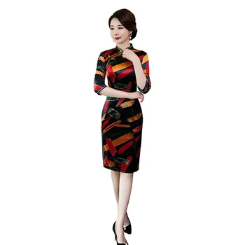 

Autumn Winter Velour Vintage Ladies Chinese Traditional Slim Qipao Classic Mandarin Collar Stage Show Elegant Female Cheongsam