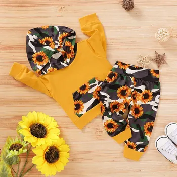

Autumn Baby Girl Boy Long Sleeve Sunflower Print Hoodie Sweatshirt Blouse Tops+Floral Print Pants Casual Costume Set Baby Girl