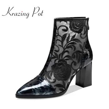 

krazing pot printing cow leather embroidery air mesh high heel pointed toe sun protection temperament lady zip ankle boots L30