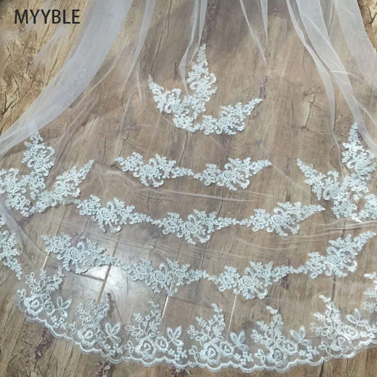 MYYBLE,, 3 м, 5 м, однослойная кружевная кромка, белая и слоновая кость, катердальная свадебная вуаль, Длинная свадебная вуаль, дешевые свадебные аксессуары, Veu