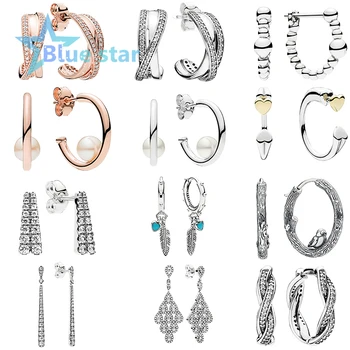 

Bule Star 100% 925 Sterling Silver pandoras Earring Spiritual Feathers Dangle Hoop Cascading Glamour String of Beads Earrings