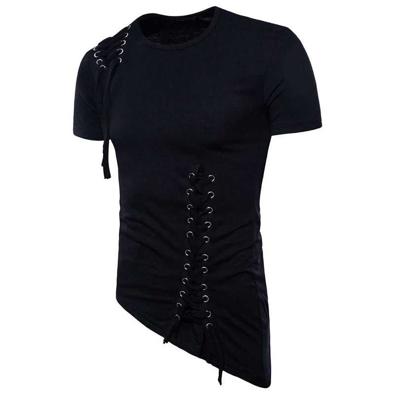 

Men T-shirt O Neck Short Sleeve Lace Up Tshirt Solid Color Pleated Tee Fashion Male Knitted Black T Shirt Casual Man Tops D30