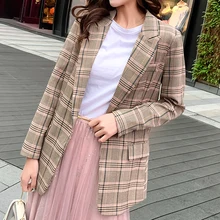 vintage style casual long-sleeve blazer jacket for woman plaid single button pockets Jacket woman 2019 autumn fashion new