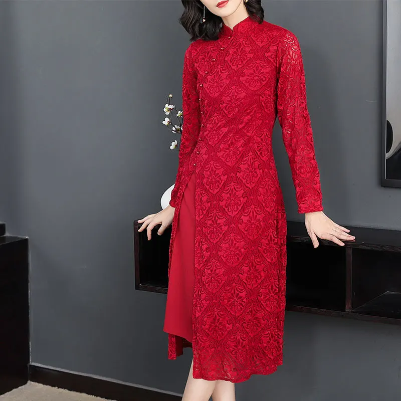 Spring Clothing Large Size Dress Chinese-style Dignified Glorious Mom Modified Version Lace Dress