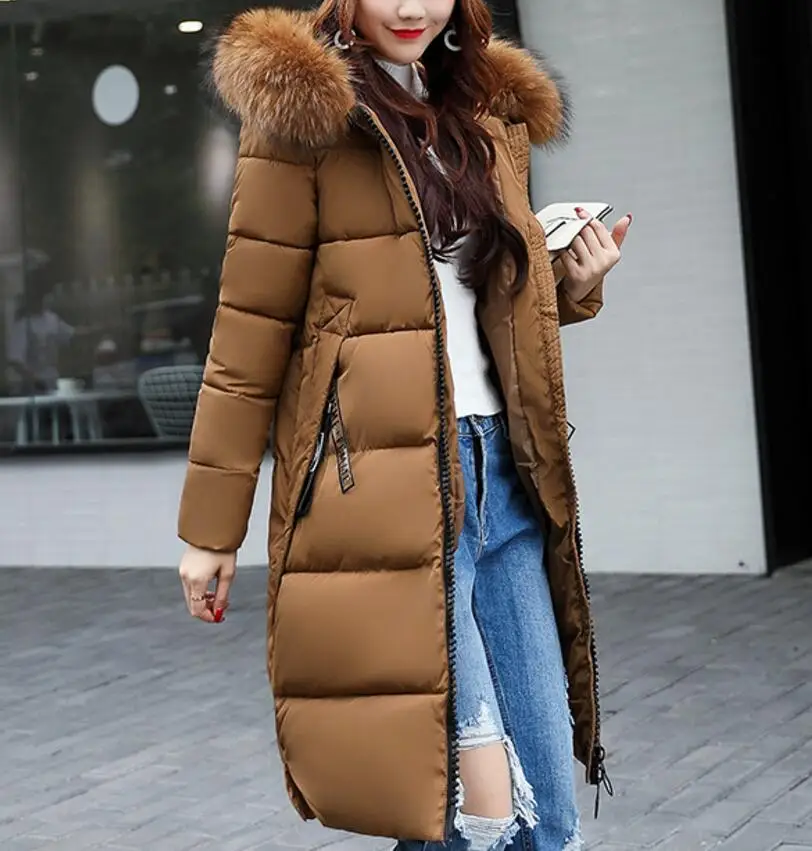 

5xl large size winter new slim fur collar hooded long section ladies cotton coat fashion thick coats warm windproof