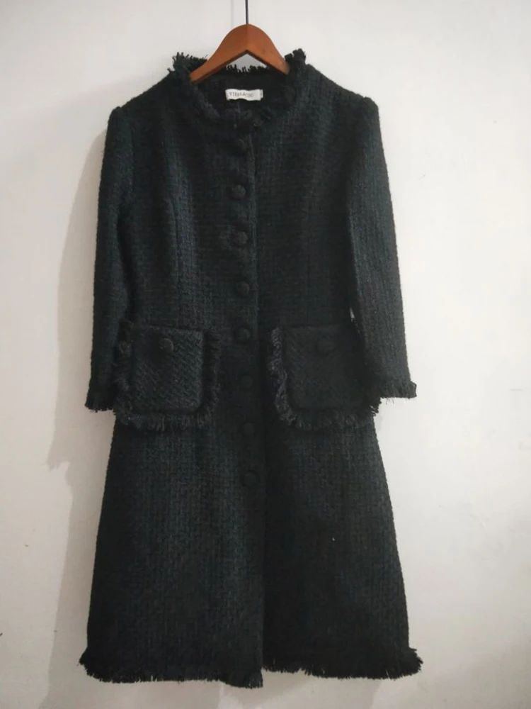 Черная шерстяная твидовая куртка, длинная осенняя и зимняя женская куртка, новая приталенная Женская куртка с рукавом в семь точек