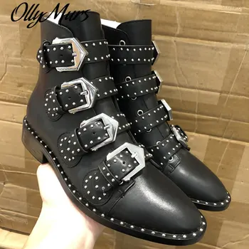 

Autumn Winter Brand Boots Women Buckle Design Shoes Woman Punk Rivets Pointed Botines Mujer 2019 Low Heel Leather Ladies Shoes