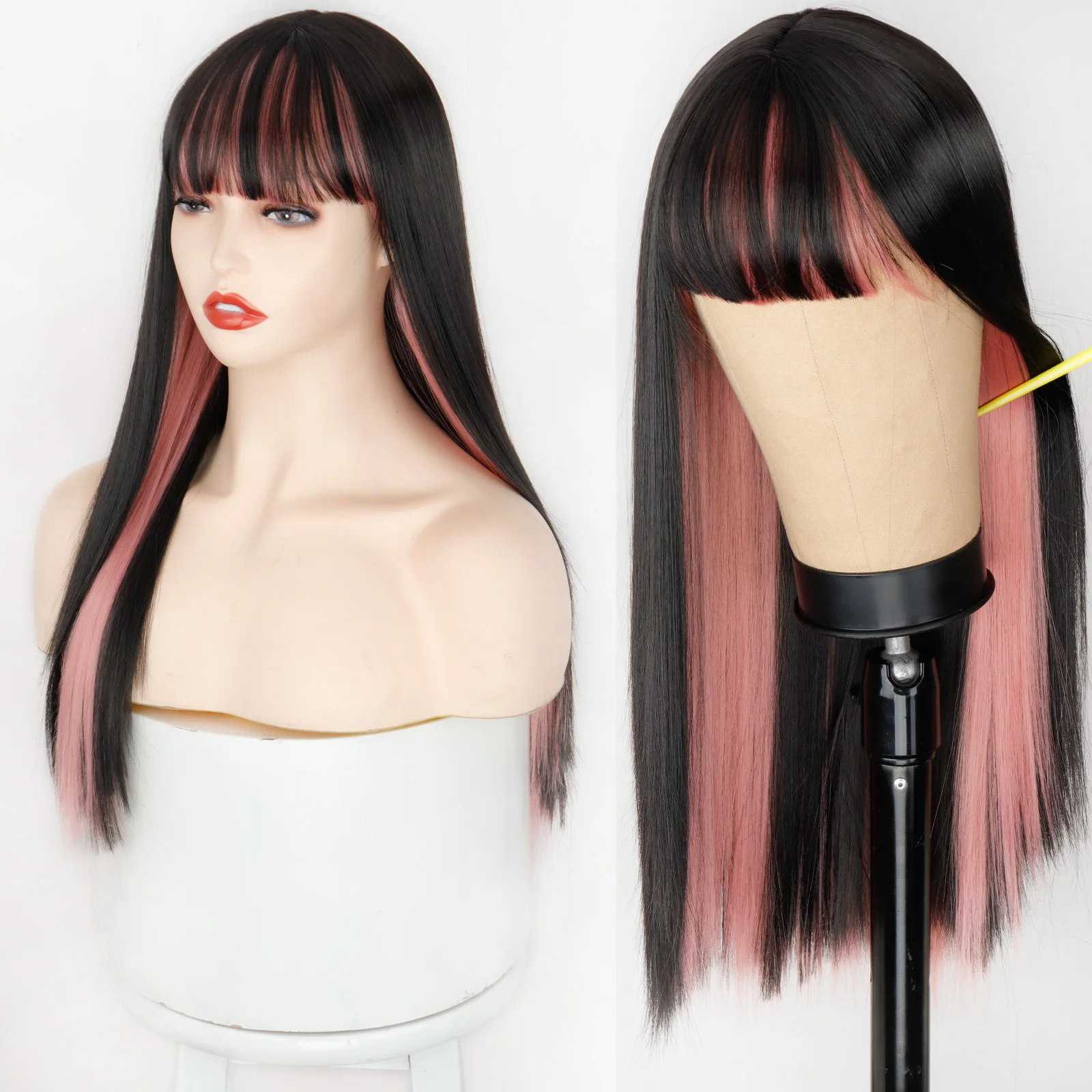 Synthetic Hair Pink and Black Wig Two layers of Wigs Long Straight hair Cosplay Wig Two Tone Ombre Color Women Wigs Lolita Wig