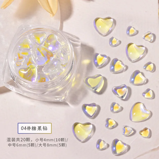 FlorVida 20pcs Sweet Heart Mermaid Rhinestone Beads Holographic Crystal Gems Stones For Nail Art Decorations Mix Size Box Kawaii 20pcs Heart 04