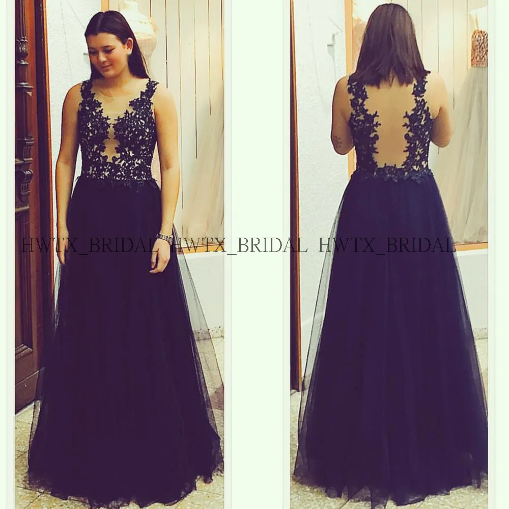 Vestidos de fiesta de noche темно-синее длинное вечернее платье кружевной топ Иллюзия сзади Тюль Плюс Размер А-силуэта Выпускные платья 2020 на заказ