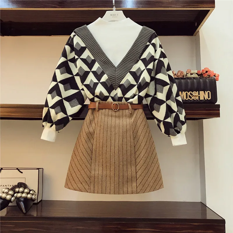 Женская мода V образный геометрический Половина Водолазка; свитер+ с высокой талией, в полоску комплект с мини-юбкой осенние пояса комплект из 2 предметов - Цвет: Серый