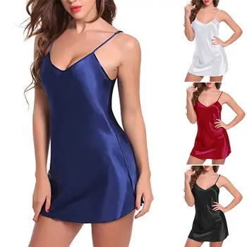

Women's Summer Nightgown 2020 Sexy Silk Mini Nightdress Spaghetti Strap Vetidos Female Solid Robe Plus Size Sleepwear 2 PCS