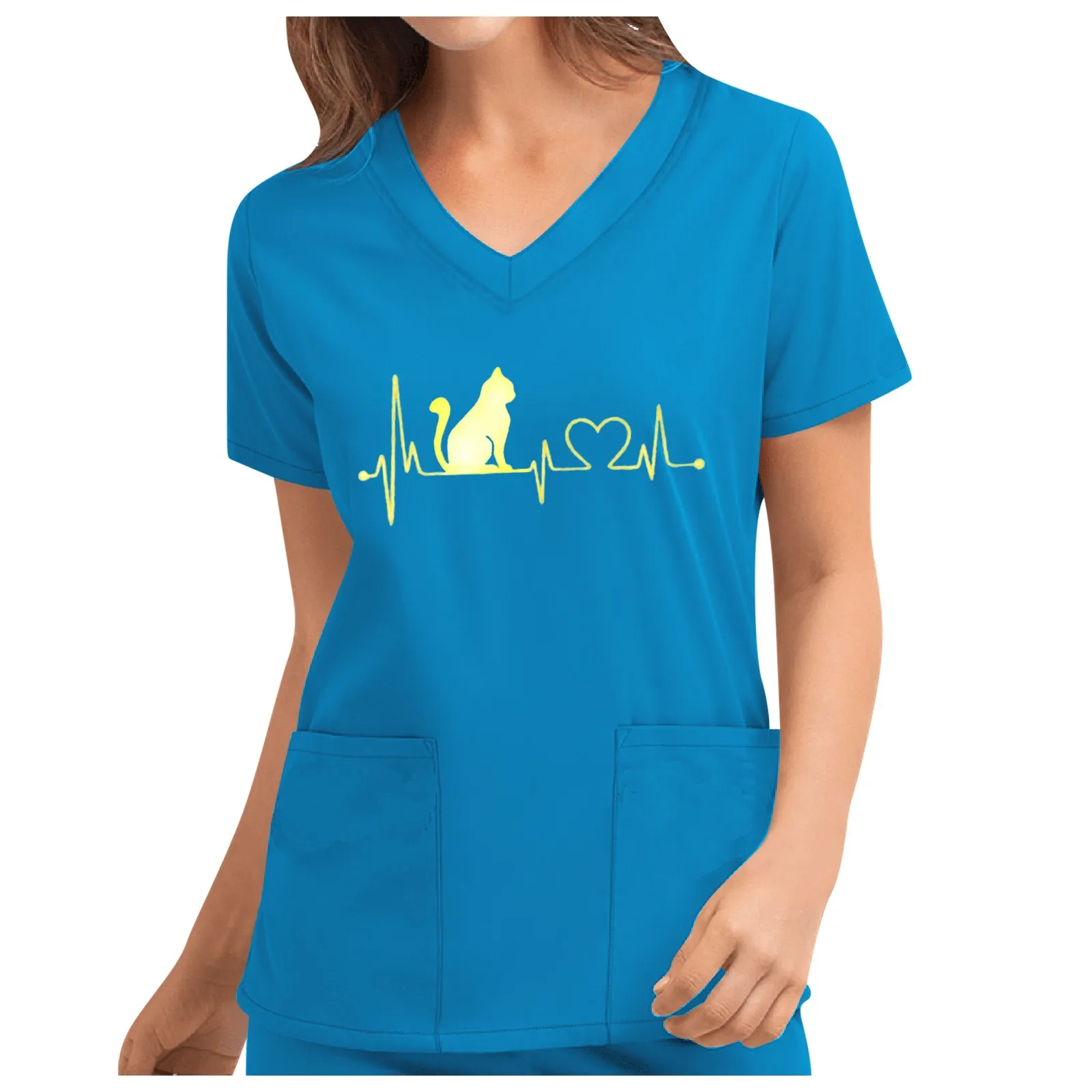 Women Scrub Top Nursing Working Uniform ECG Stethoscope Pattern Printing T-Shirts with Pocket V-Neck Tee 