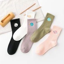 Women Ladies Embroidered Planet Style Socks Quality Japanese Funny Socks Simple Girls Leisure Women's Middle Tube Socks