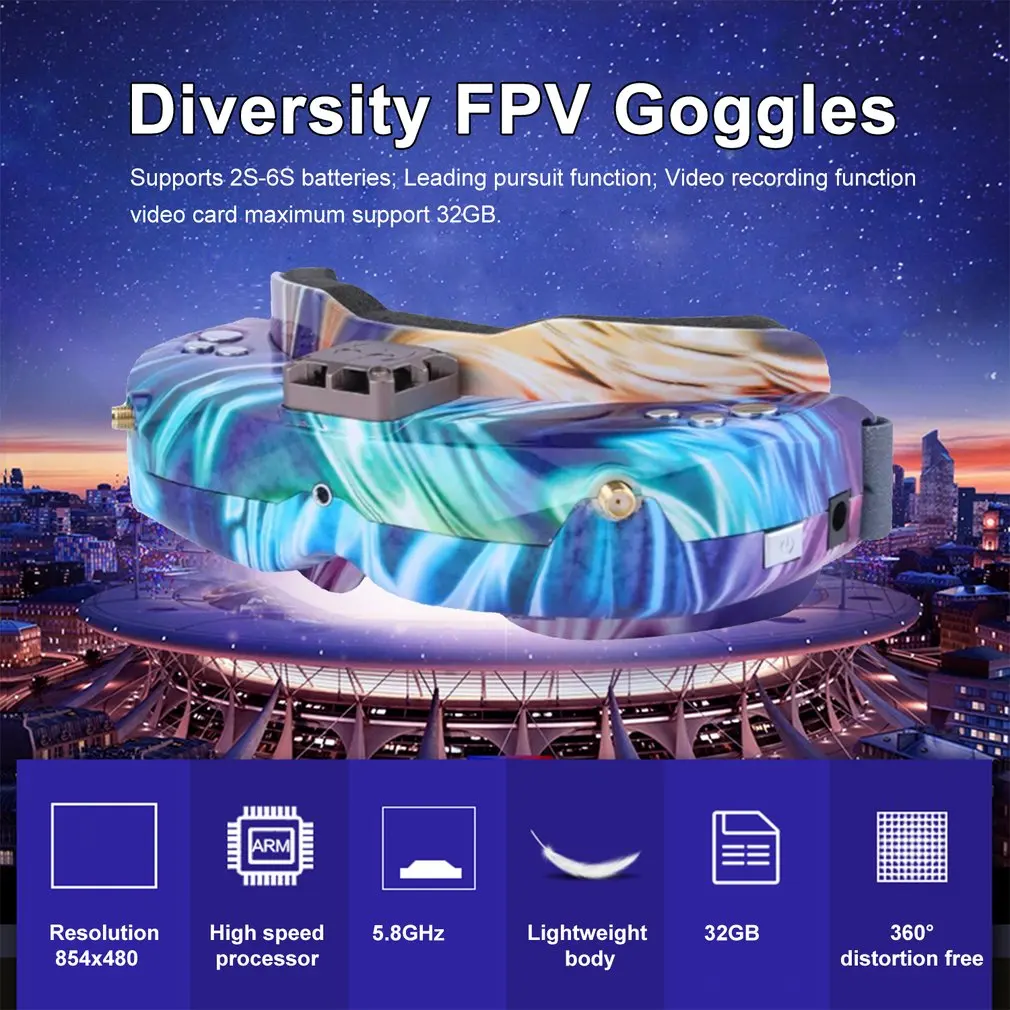 5,8 GHz 48CH разнообразие FPV очки поддержка HDMI отслеживание головы с вентилятором DVR фронтальная камера для радиоуправляемого дрона
