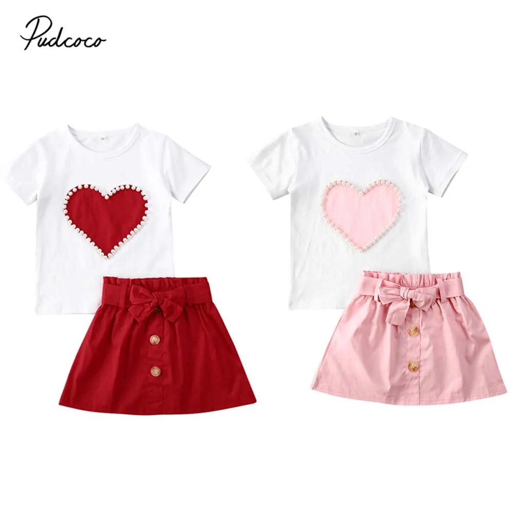 

2020 Baby Summer Clothing 1-5T Infant Kid Valentine Clothes Pearls Heart Top Shirt Skirt 2Pcs Set Outfit
