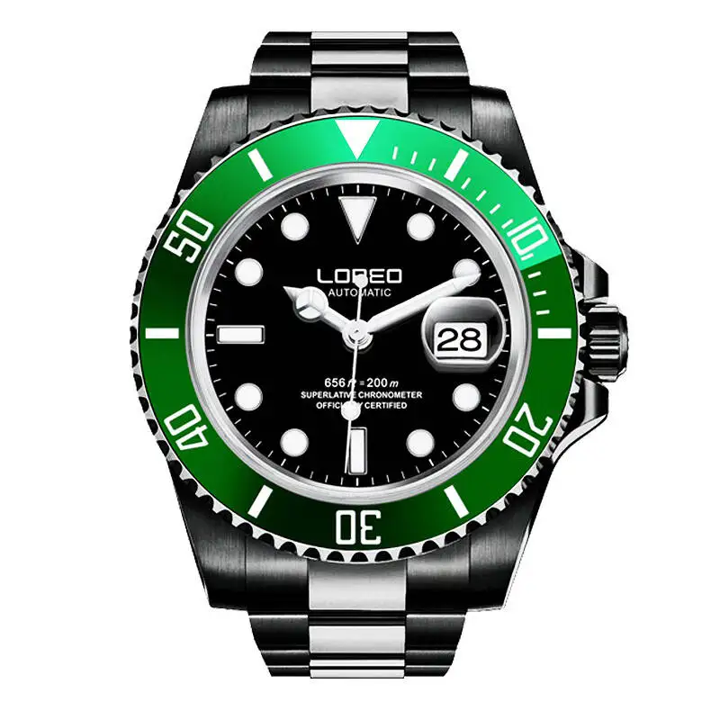 LOREO 9201 Германия 200 м archetype diver's watch автоматический самоветер царапинам светящийся Водонепроницаемый Календарь Мода Бизнес - Цвет: green bezel