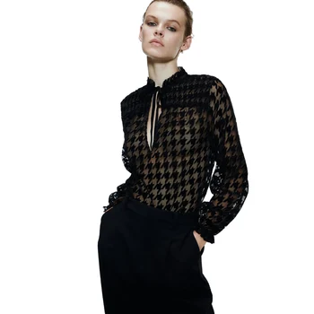 

ZA Black Round Neck Shirt Neckline Split Bow Long Sleeve Elastic Cuffs Decorative Sexy Nightclub British Style