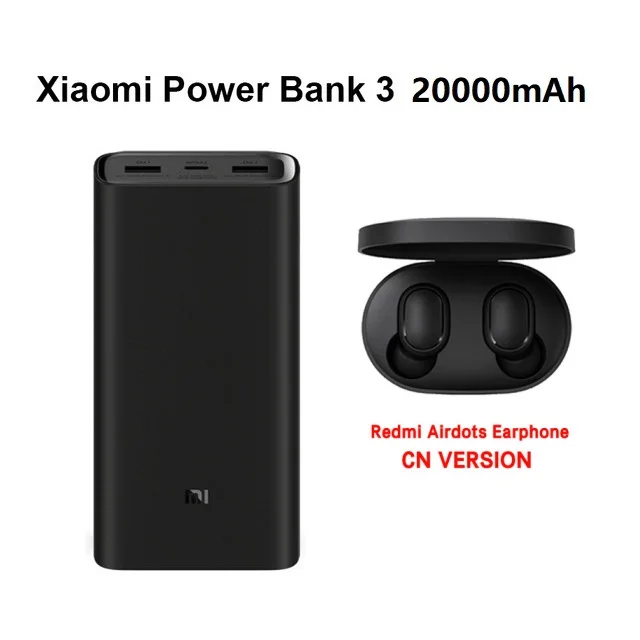 Add redmi airdots Xiao mi power Bank 3 20000 мАч mi power bank USB-C 45 Вт портативное зарядное устройство Dual USB power bank для ноутбуков смартфонов PLM07ZM - Цвет: Add redmi airdots
