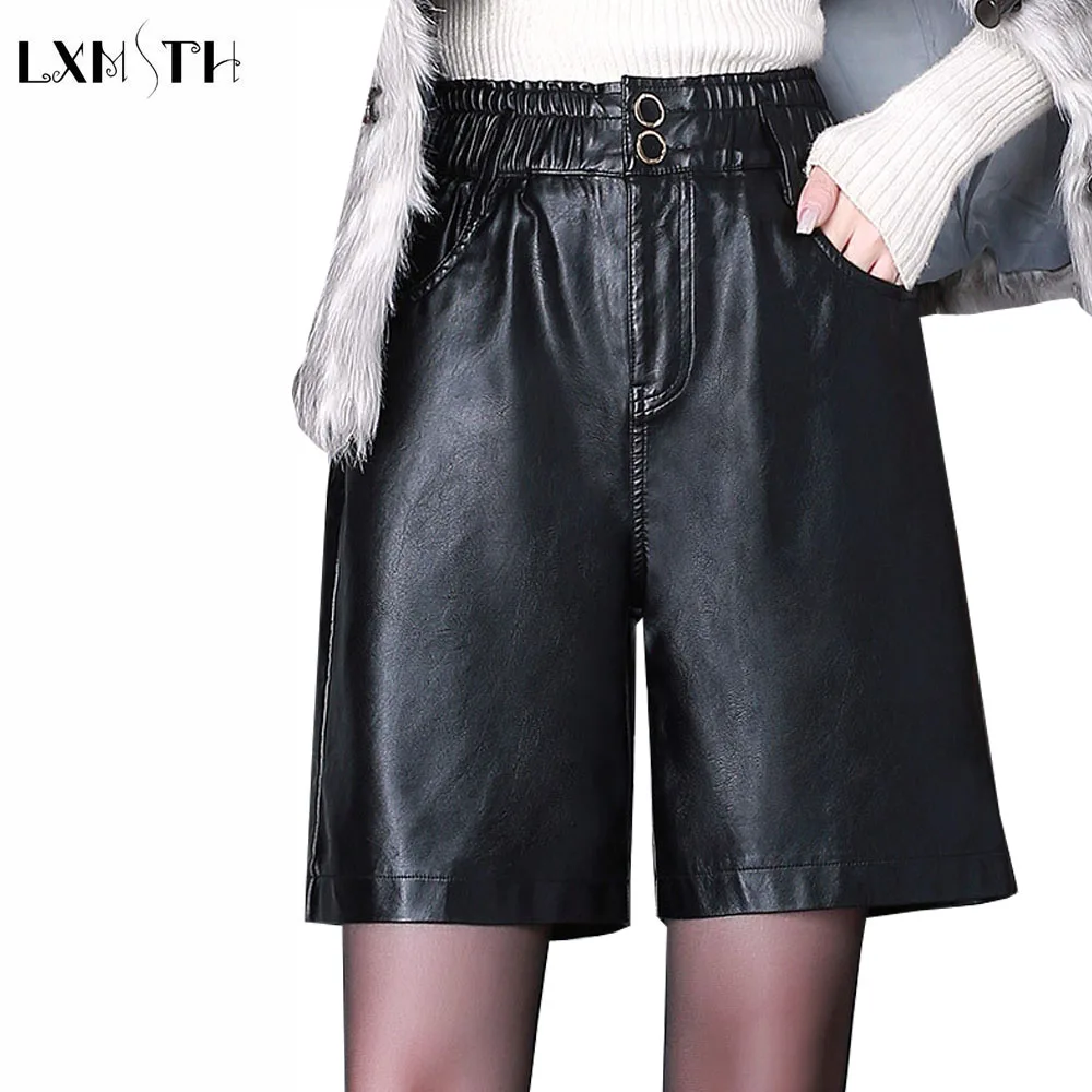 LXMSTH плюс размер шорты из искусственной кожи женские Осень Зима Эластичный Талия