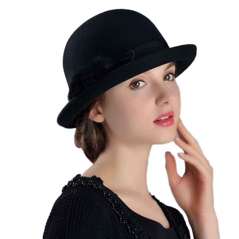Black 1 FS элегантные женские шерстяные фетровые шапки зимние теплые котелок черные фетровые шляпы для дам с широкими полями винтажные рулонные шляпы церковный колокол - Цвет: Black 1