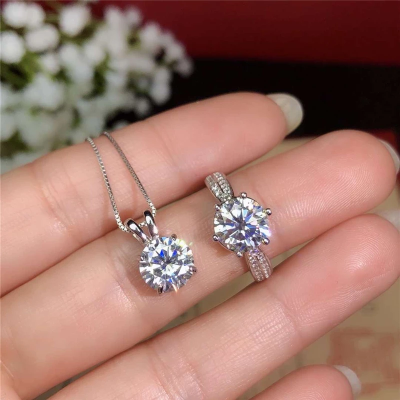 

BOEYCJR 925 Silver 1ct F color Moissanite VVS Fine Jewelry Diamond Necklace&Ring Jewelry Set for Women Anniversary Gift