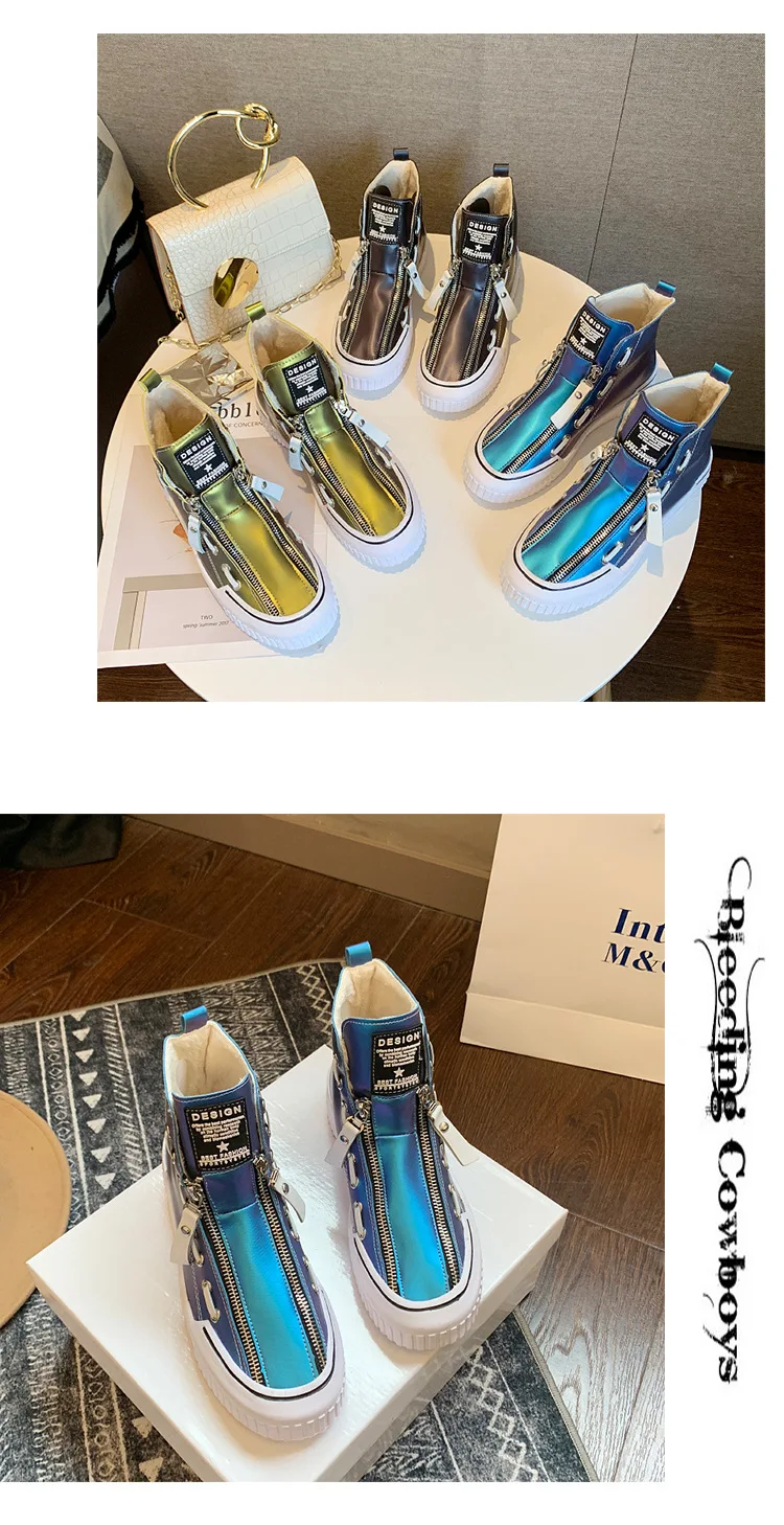 Winter Glitter Color Women High-top PU Sneakers Female Sports Skateboarding Shoes Zipper Plus Velvet Shoes Boots Wild Sneakers
