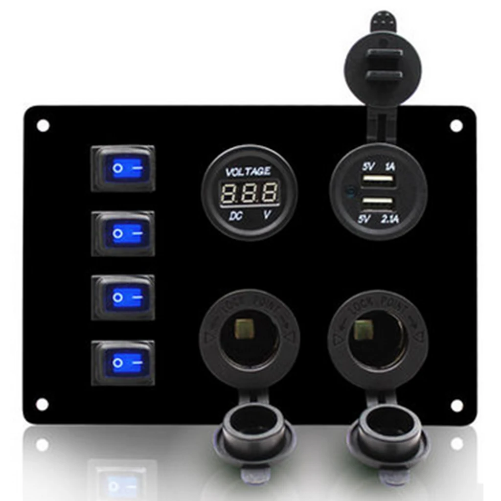Car Marine Switch Panel, Boat Rocker Switch Panel, 4 Gang With Voltmeter/5V 2.1A 2-Charger/ Lighter