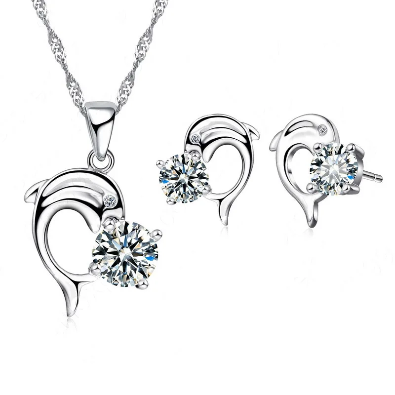 

Trendy Dolphine Design Pendant 925 Sterling Silver Fine Jewelry Necklace Earring For Women Wedding Set Gifts