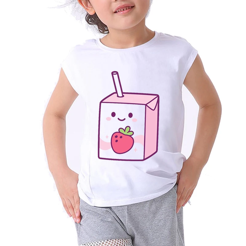 

cute strawberry milk girls graphic t shirts Juice boy cartoon t shirt cartoon kids clothes boys children’s clothing t-shirt girl