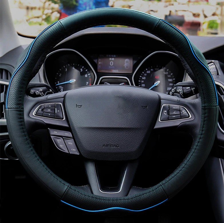 38 см автомобильный Стайлинг из натуральной кожи чехол на руль для ford aurus focus fiesta mondeo kuga ecosport аксессуары для интерьера - Название цвета: blue line