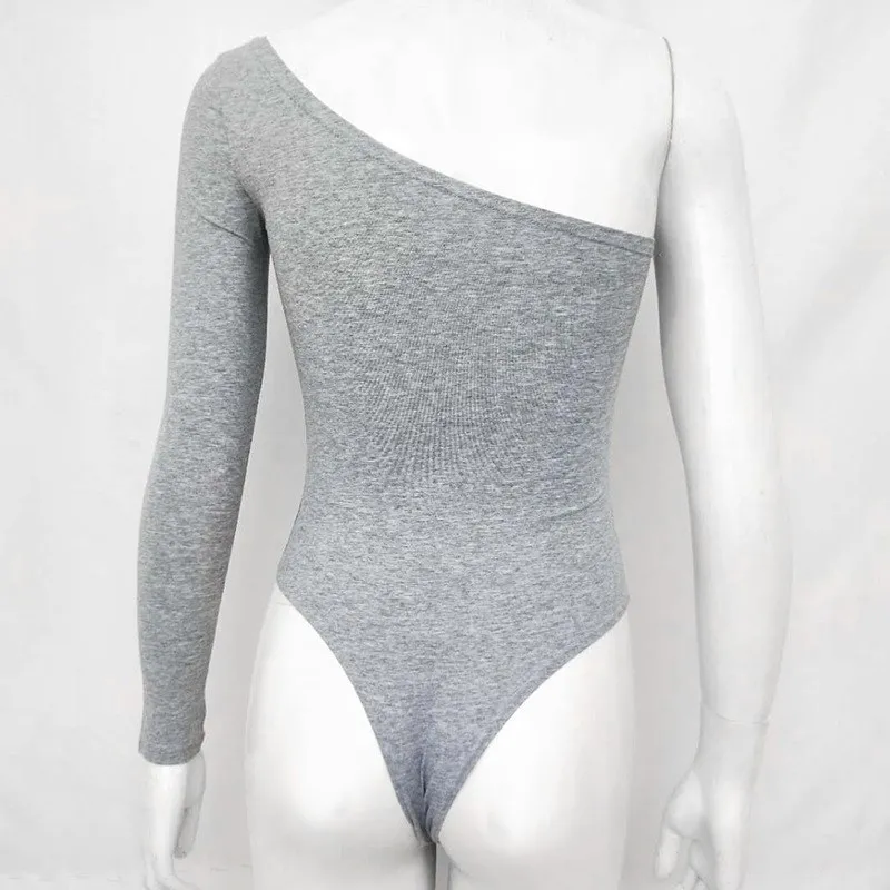 Women White Basic One Shoulder Bodysuit Solid Slope Neckline Single Long Sleeve Sexy Romper Club Backless Skinny Bodysuit