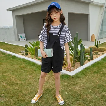

YourSeason Kids Summer Clothes Suit Fashion Big Girls Cotton Stripe Pullover Tops And Suspender Pants Casual Two Piece Set