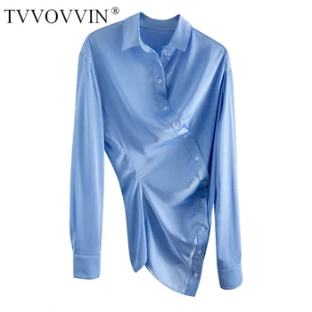 

TVVOVVIN Blouse Single-breasted Irregular Long-sleeve Solid Turn-down Collar Lantern-sleeve Casual Loose Asymmetry A577