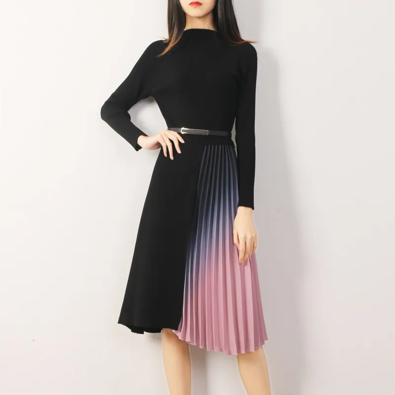 Autumn Winter Vintage Elegant Knit Long Sleeve Midi Bodycon Work Office Lady Dress Slim Formal Pleated Dress Spring 2020