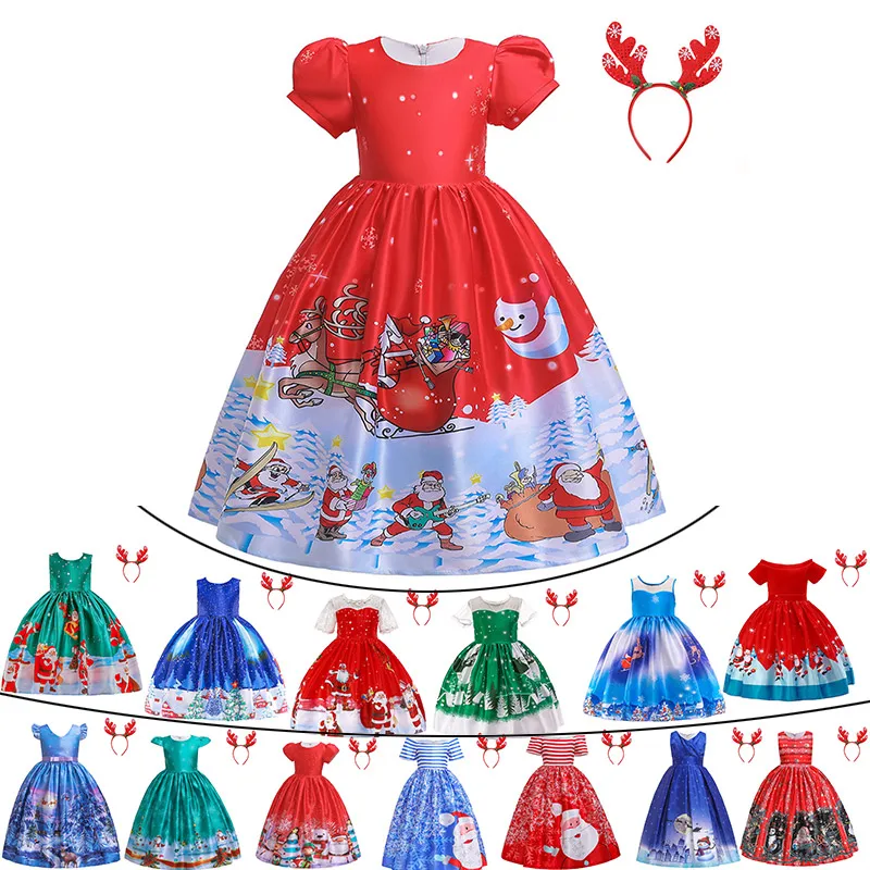 Великолепное красное рождественское праздничное платье с повязкой на голову для девочек, рождественское бальное платье, детская одежда с принтом Санта Клауса платья с открытыми плечами