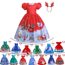 Великолепное красное рождественское праздничное платье с повязкой на голову для девочек, рождественское бальное платье, детская одежда с принтом Санта Клауса платья с открытыми плечами