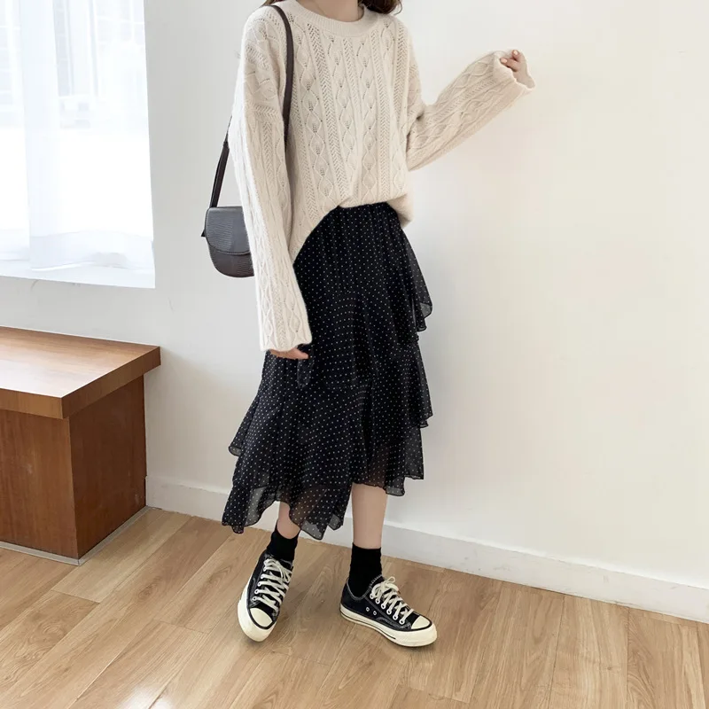 Autumn Winter Large Size Tulle Skirts Womens Black Dot Tulle Skirt Elastic High Waist Chiffon Fishtail Half-length Skirt XL-4XL