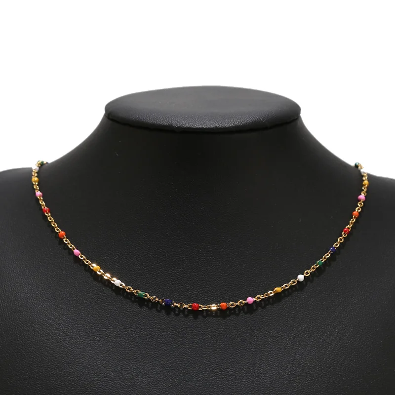 10pcs Stainless Steel 2mm Width Choker Necklace Charm Enamel Satellite Beaded Cable Ball Chain 45+5cm Extend Necklaces