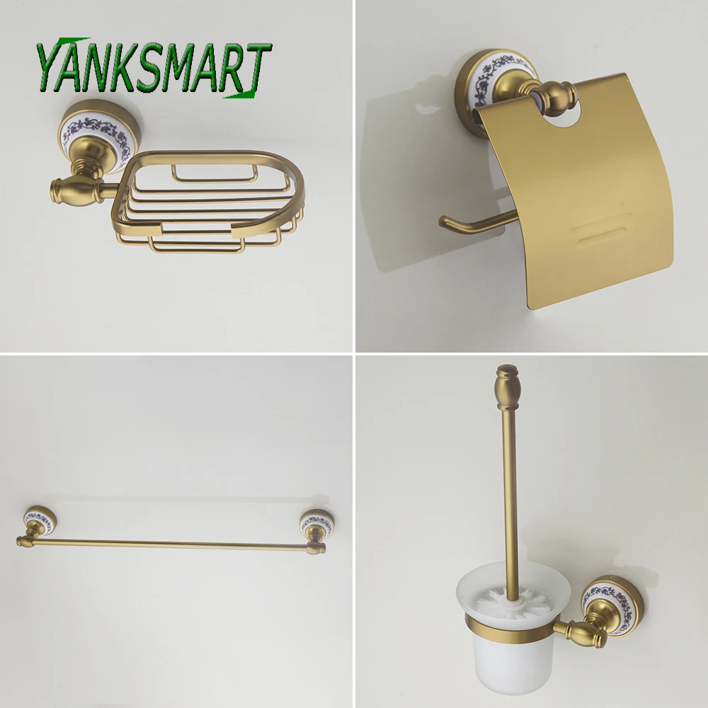 

YANKSMART Brushed Gold Solid Brass Ceramics Bath Shelf Soap Dish Toilet Holders Paper Holder Bathroom Accessories Hardware Set