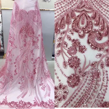 

6colors Super quality pink beads and sequins embroidered tulle lace fabric luxury African French lace for bridal dress GYL026