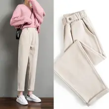 FAKUNTN Women Woolen Pants Autumn Winter 2021 New Casual Solid Elastic Waist Harem Pants Full Length Trousers S-XXL