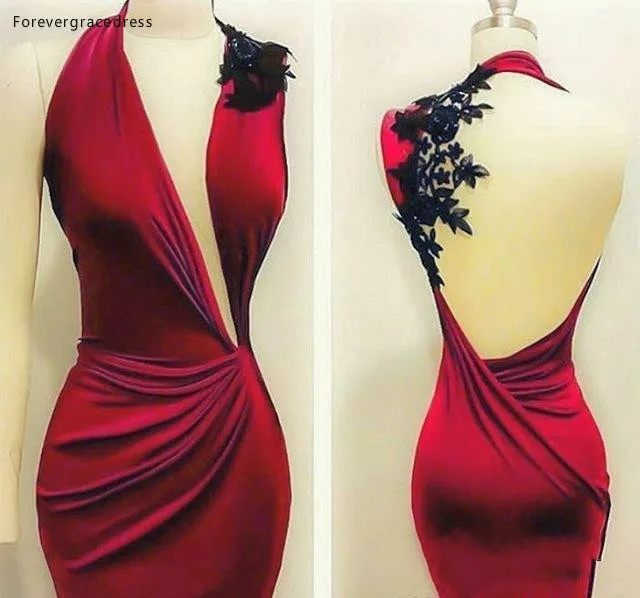 2018 Unique Chic Sheer Backless Sheath Cocktail Dresses Hot Burgundy Black Appliques Pleats Mini Short Prom Club Dresses Cheap  96