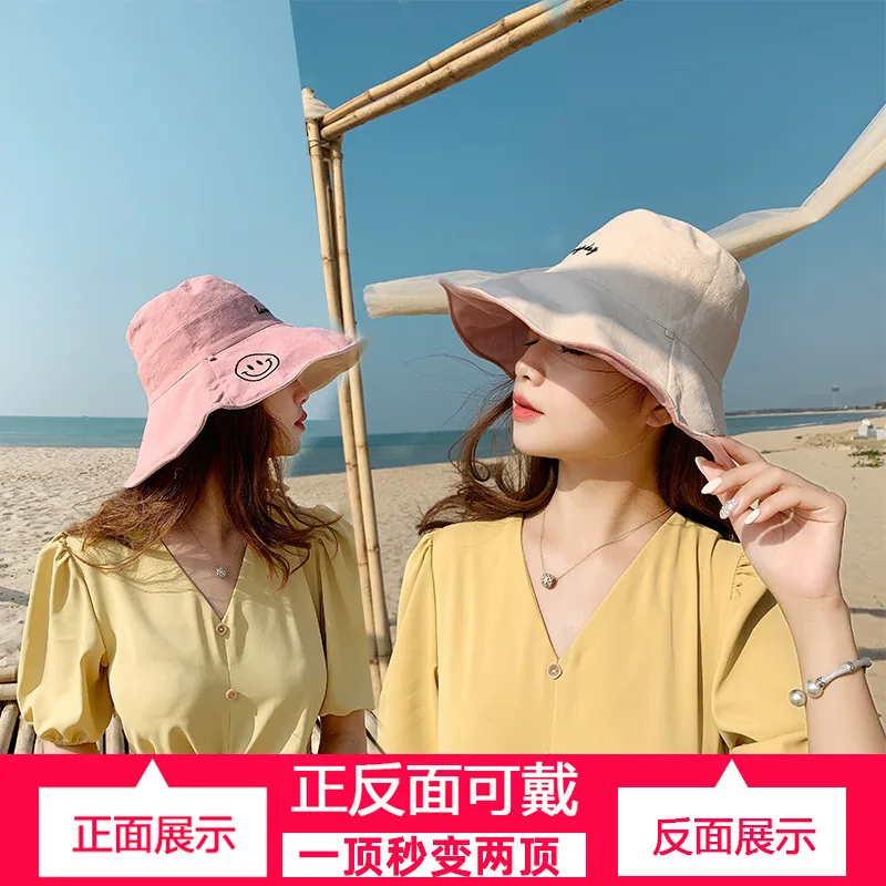 

Spring Korean-style Double-Sided Bucket Hat Women's Summer Outing Versatile Large Brimmed Hat College Style Sun Protection Hat C