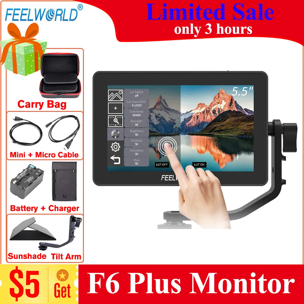 Монитор камеры Feelworld F6 Plus 5 дюйма сенсорный экран 3D Lut 4K IPS FHD 1920X1080 монитор для
