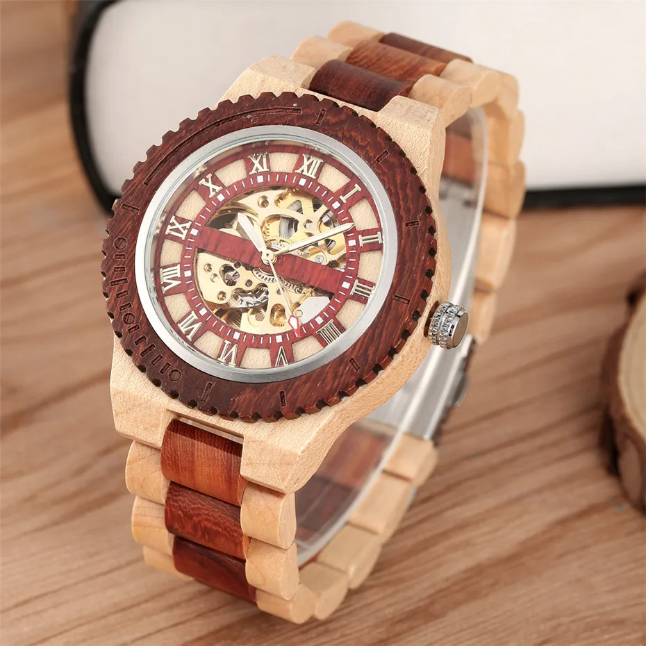 Roman Numerals Display Wooden Men Watch Automatic Mechanical Wood Bangle Wristwatch Self-Winding Luxury Male Clock New