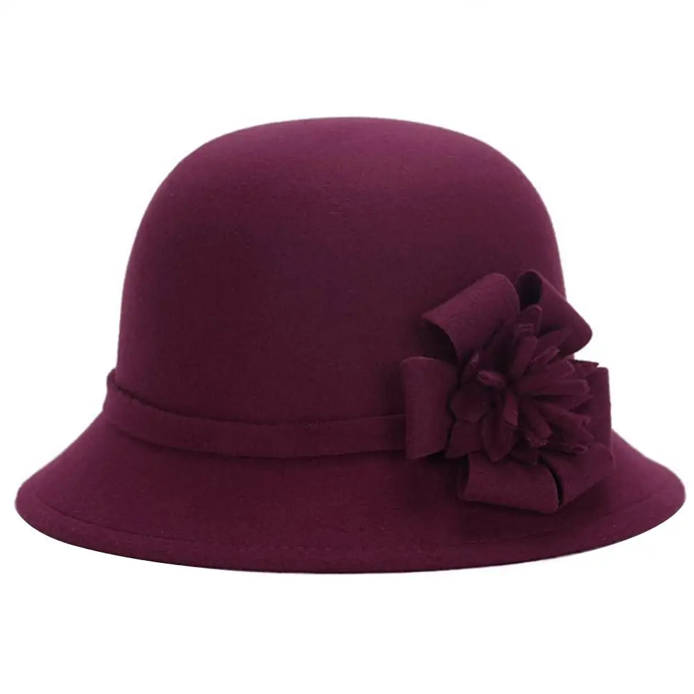 Wine Red Elegant Women Round Bowler Cap Imitation Wool Flowers Lady Wool Felt Hat Church Cloche Bucket Hat Vintage Brim Chapeu Feminino - Цвет: Wine Red