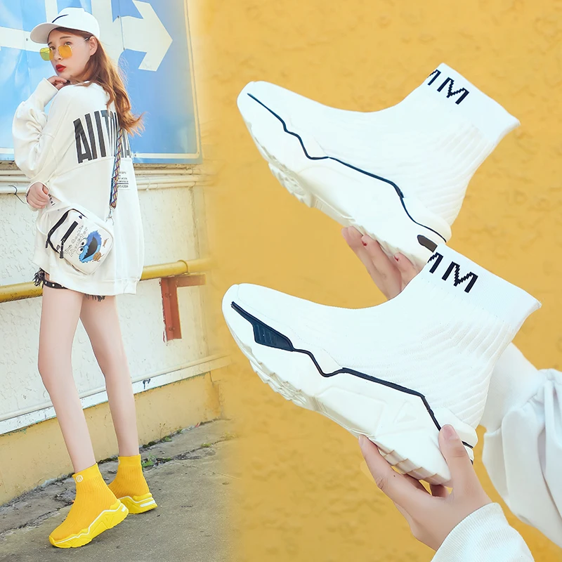

Socks Shoes Female 2019 Autum New Fashion Version Ulzzang Net Red Ins Breathable High To Help Sports Shoes Knit Boots